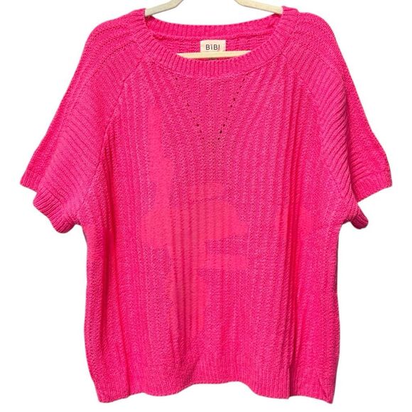 BiBi Fuchsia Pink Texture Round Neck Short Sleeve Knit Top NWT - Picture 3 of 7